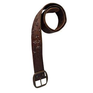 Genuine Italian Leather Floral Cutout Brown Belt With Bronze Buckle - Made In US